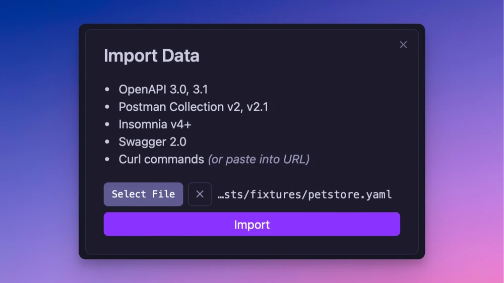 Import dialog showing OpenAPI spec