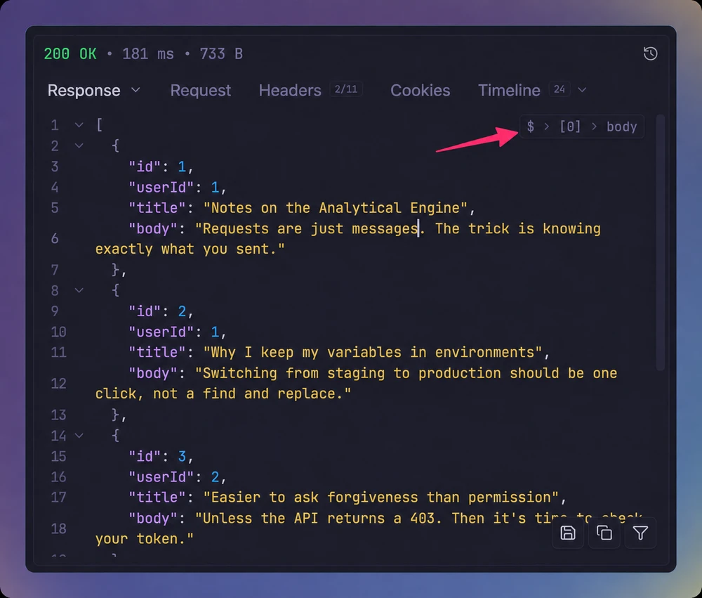 JSON response with an arrow pointing to the breadcrumb path in the upper-right corner