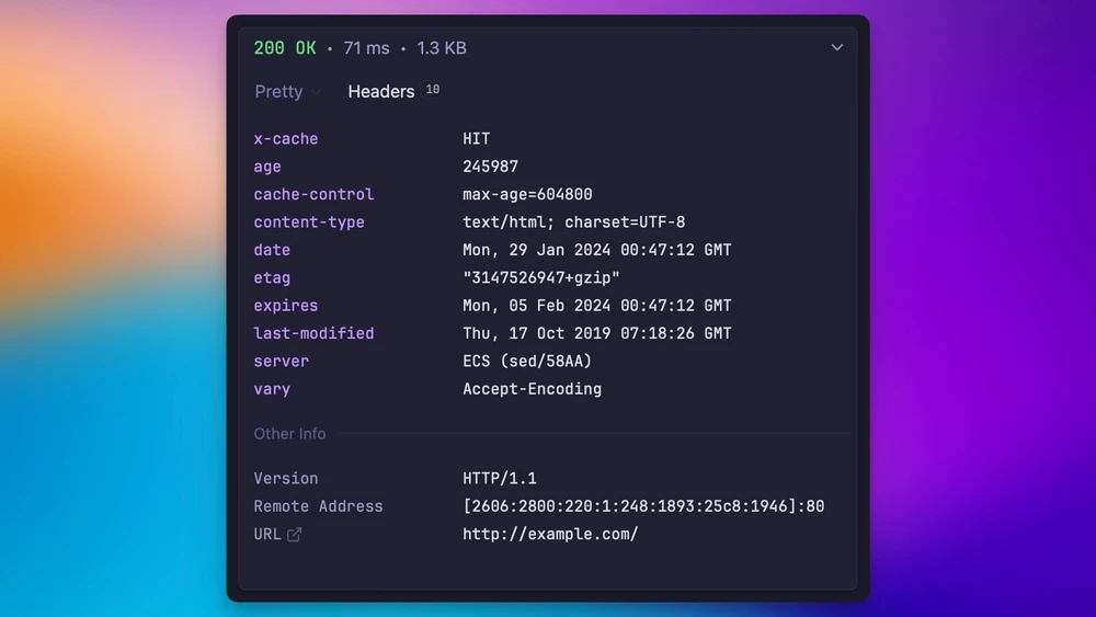 HTTP version, remote address, and URL in headers tab