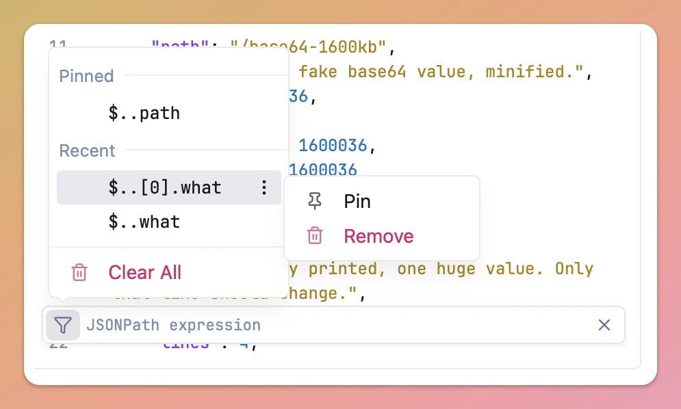 Filter history dropdown with pinned and recent expressions