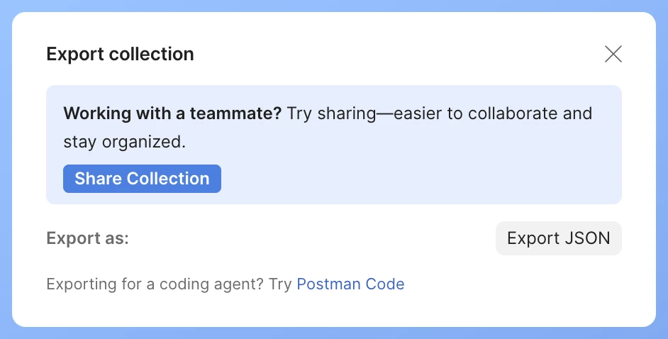 Postman Export collection dialog showing the Export JSON button
