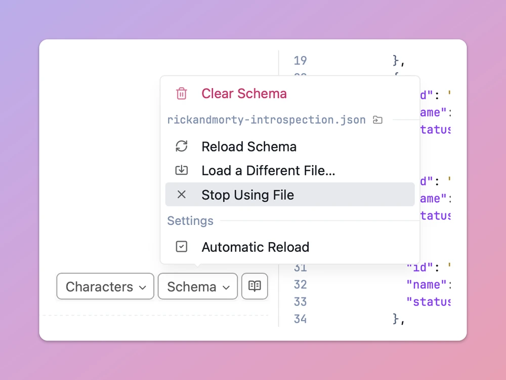 Schema menu with a schema file loaded