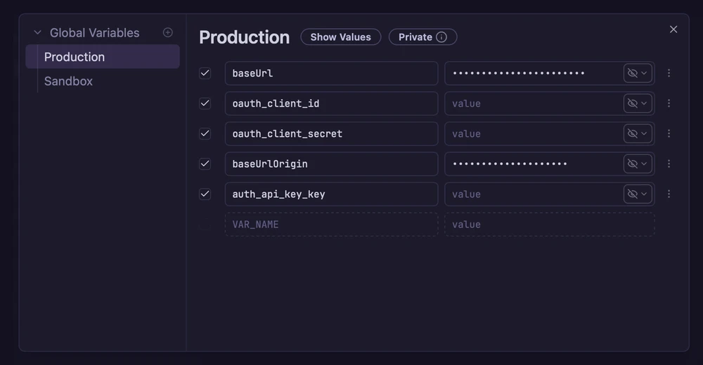 Environment dialog after importing a two-server OpenAPI document