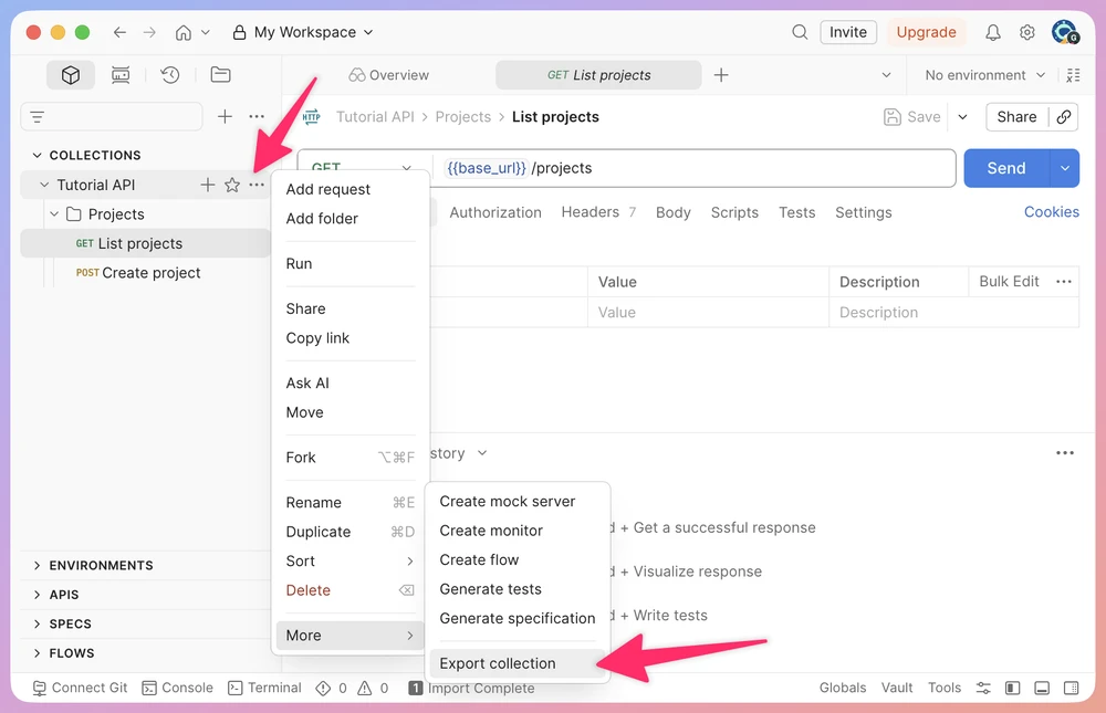 Postman collection menu with More expanded and Export collection highlighted