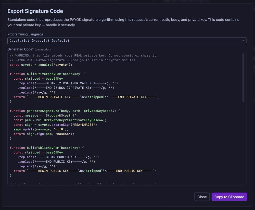 Export Signature Code dialog