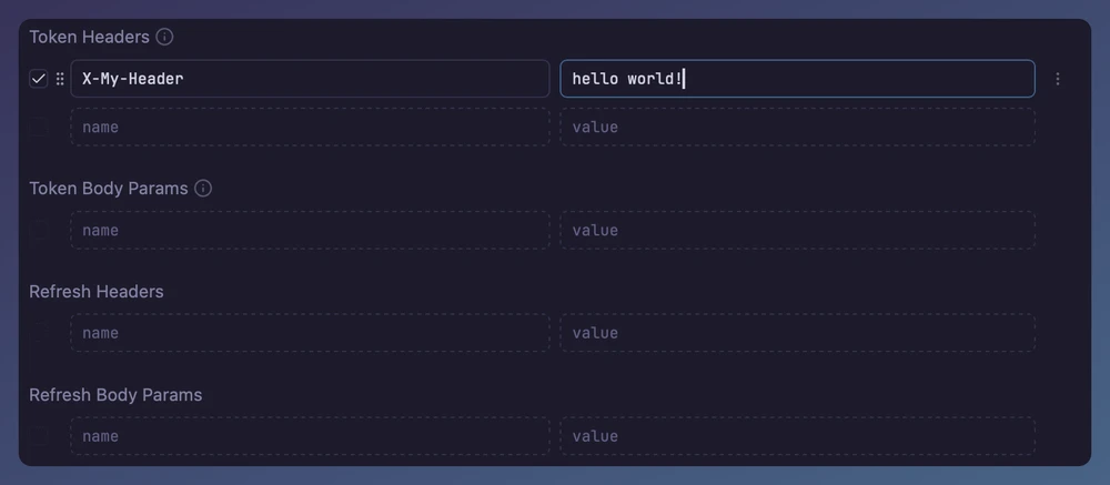 Token headers and body params in the OAuth 2.0 Advanced section