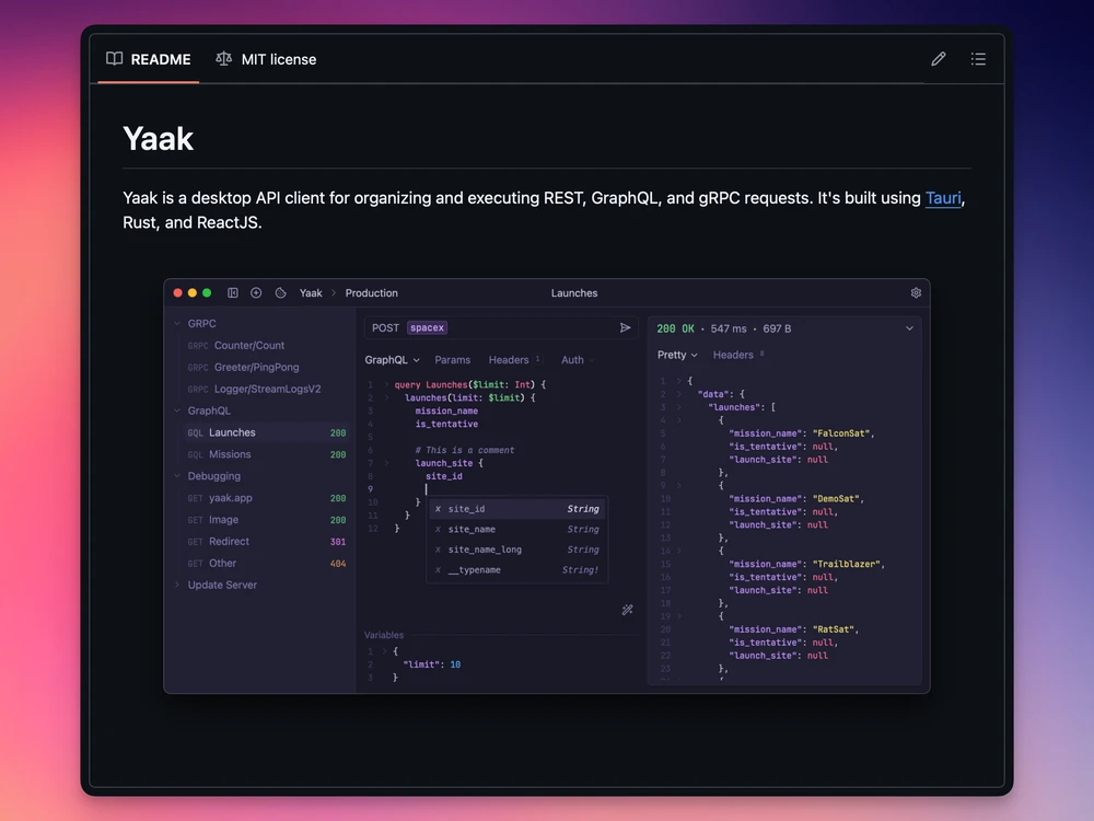 Screenshot of Yaak GitHub repository README