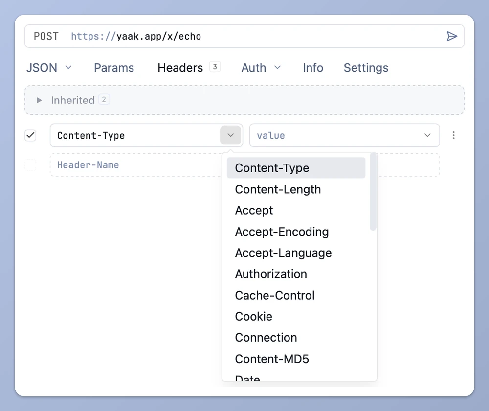 Header suggestion dropdown open on a header name