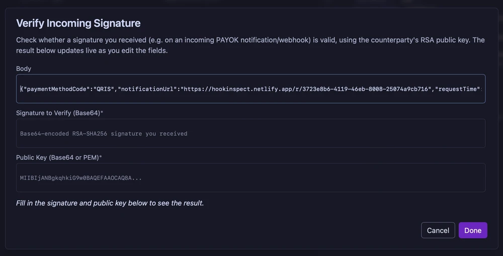 Verify Incoming Signature dialog