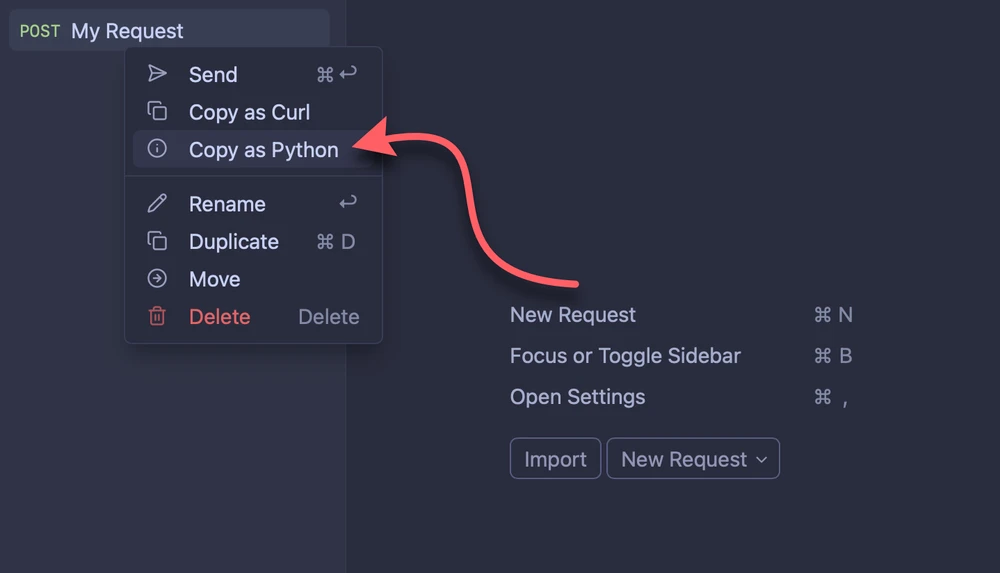 Screenshot of context menu