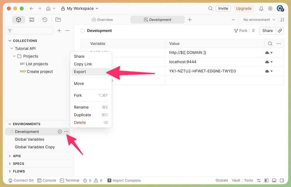 Postman environment context menu with Export highlighted