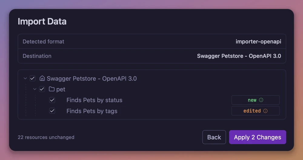 Import preview listing added, changed, and ignored requests